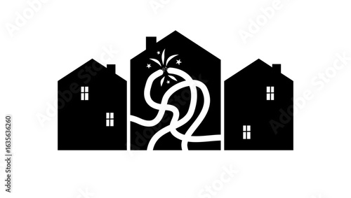 Symbol of damaged electrical wiring in home, black isolated silhouette