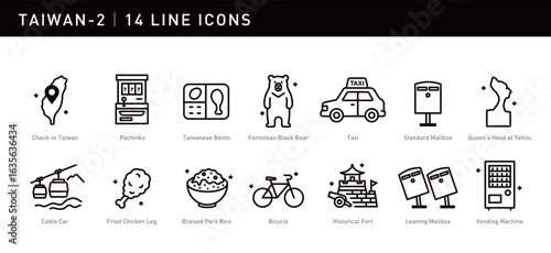 This Taiwan icon set features Maokong Gondola, braised pork rice, and Queen’s Head, capturing local charm. Ideal for travel and design, infinitely scalable.