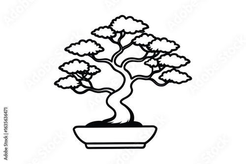 clean stylish elegant modern detailed professional high quality Black and White Line Art of a Bonsai Tree in a Pot