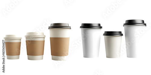 Set three blank takeout coffee cups different sizes isolated transparent background