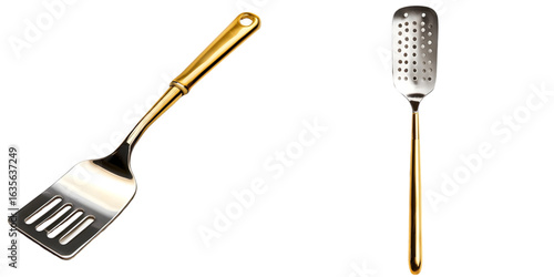 Silver slotted spatula with gold handle stylish durable design isolated on a transparent background