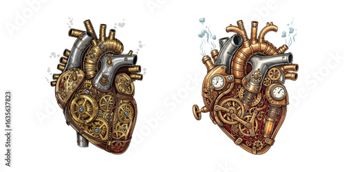 Mechanical Steampunk Heart Living Machine with Golden Gears, Vector Illustration