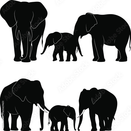 Elephant family silhouette walking together, African wildlife mammals, mother and baby elephants, savanna herd illustration, nature conservation art, safari wild animals, jungle wildlife scene,