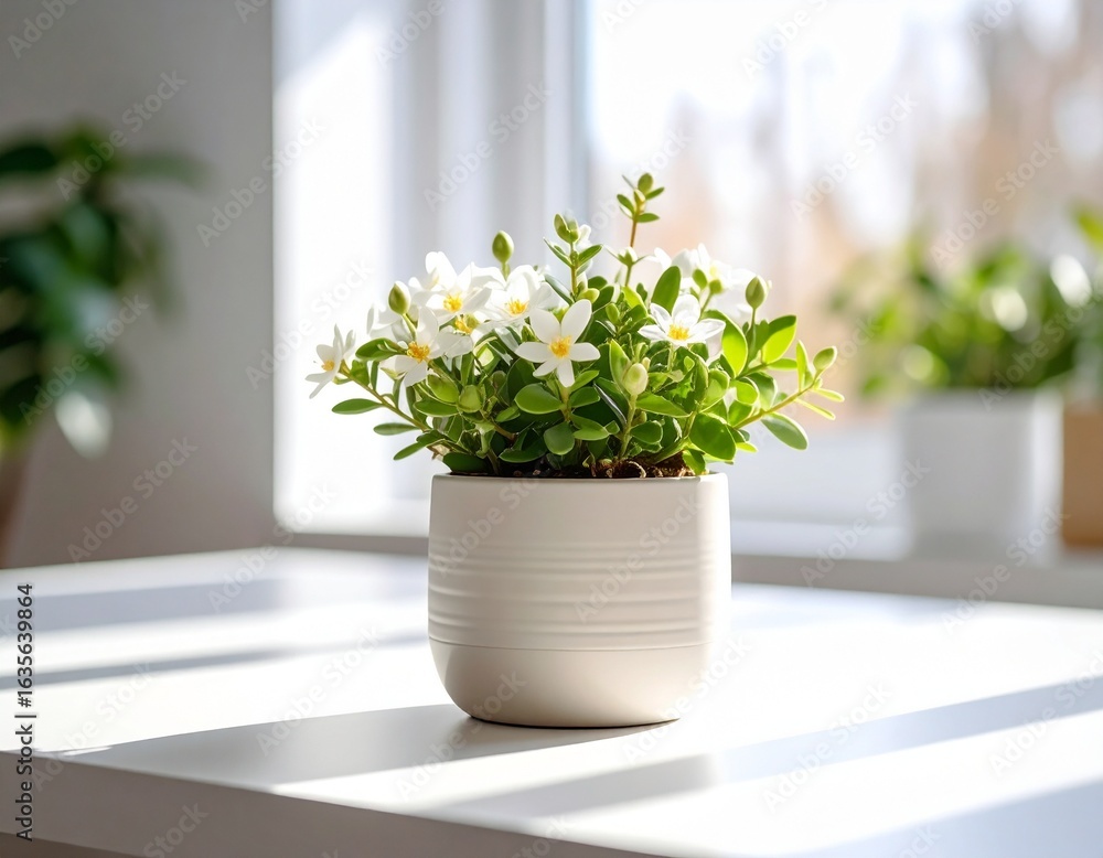 Fototapeta premium A small white flowering plant in a minimalist pot on a sunlit table, illuminated by natural light from a window, creating a serene home interior.