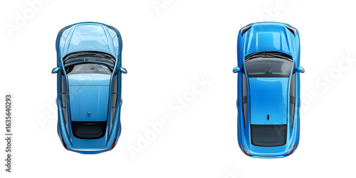 Top-down view of a blue car isolated on a transparent background