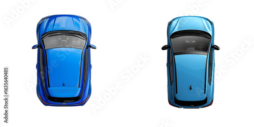 Top-down view of a blue car isolated on a transparent background