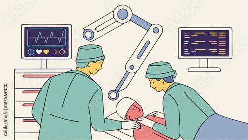 Robotic surgery illustration depicting surgeons operating with advanced medical robot technology in hospital