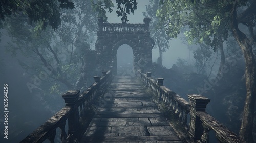 Dilapidated bridge in a cursed forest with fog rolling over the rotting wood Shadows flicker in the mist and the bridge leads into a darkened forgotten temple hidden deep in the forest