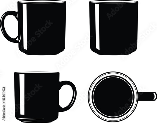 Four black coffee mugs from different angles silhouette