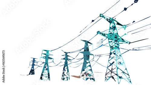 Illustration of power lines and electricity pylons transmitting energy across the landscape art style design