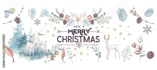 floral watercolour background. Christmas, New year, Holiday, winter illustration with animals, flowers, stars.