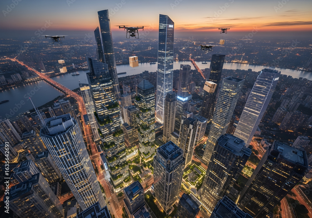 Fototapeta premium Drone Delivery Over Urban Landscape