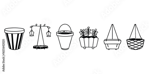 Vector art of collection of various flowerpots and hanging baskets for plants isolated on white background