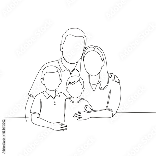 Line art family of four hugging at table, minimal black and white outline on transparent background