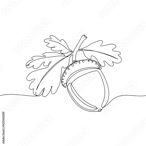 Single line art of acorn with oak leaves, minimal black on transparent background