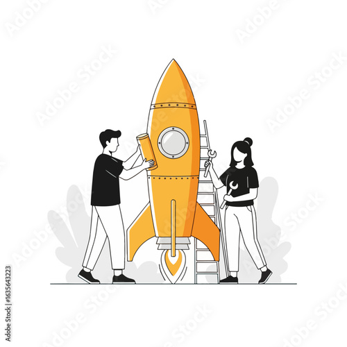 Business Team Preparing Rocket – Startup Launch, Innovation, and Growth Concept Illustration