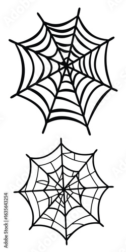 Vector art of two spiderwebs isolated on white background, one larger and one smaller, for halloween design generative AI