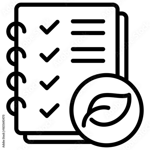Eco Checklist Outline Icon Design Vector - Checklist with leaf symbol, representing tasks or compliance related to environmental or sustainable goals