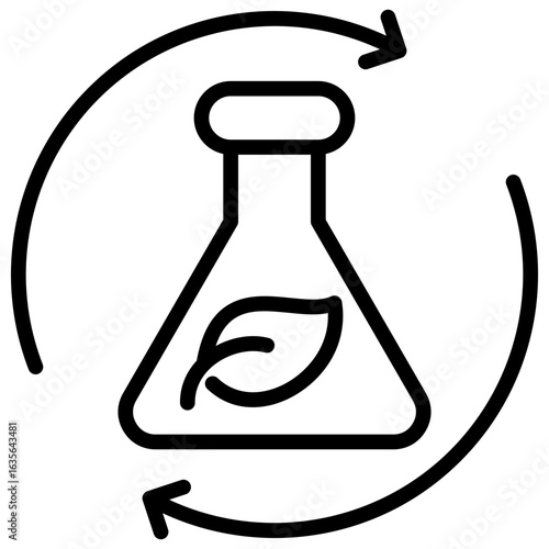 Eco Chemistry Outline Icon Design Vector - Eco-friendly lab flask with leaf symbol and circular arrows representing sustainable chemical processes