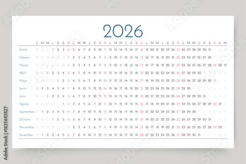 2026 Spanish calendar. Linear planner for year. Yearly horizontal calender template. Table schedule grid. Desk timetable with 12 months. Week starts Monday. Landscape orientation. Vector illustration.