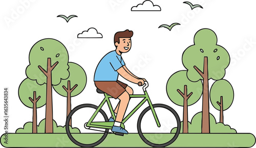 Smiling man cycling through a park on a sunny day.