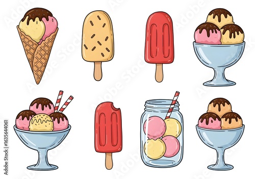 This image showcases a delightful collection of various frozen treats, rendered in a clean, cartoon-style illustration. 