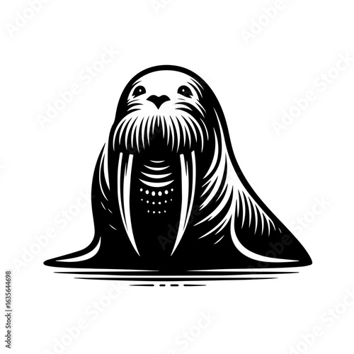 Monochrome walrus with large tusks isolated on white background