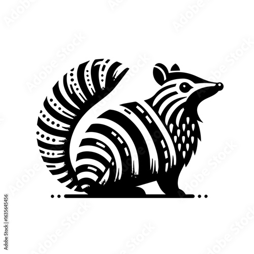 A striped skunk with a bushy tail isolated on white background