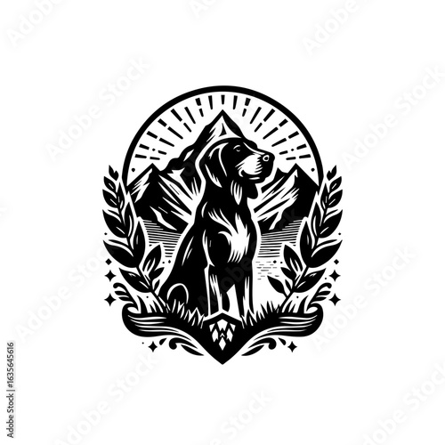 Dog with mountain background isolated on white background, vintage illustration