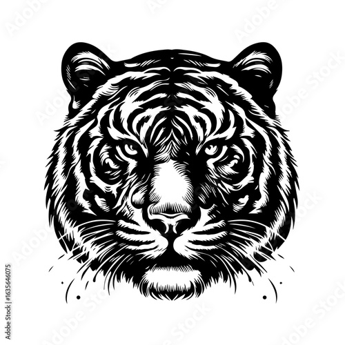 Detailed black and white drawing of a tigers face isolated on white background