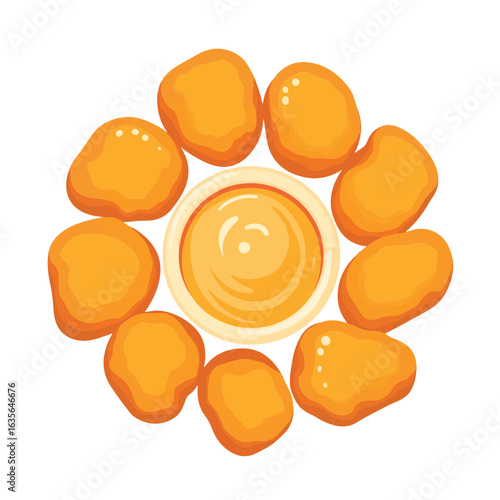 Golden-brown chicken nuggets arranged with dipping sauce, tasty treat