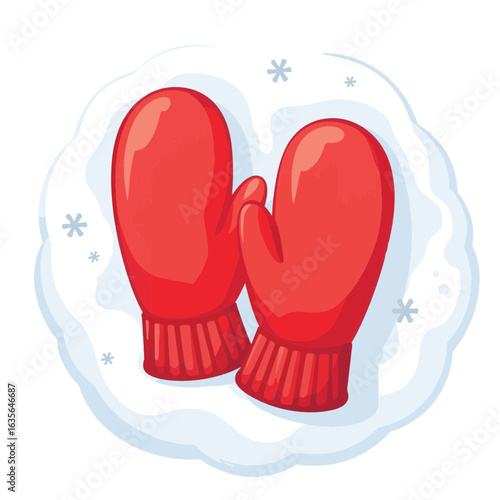 Bright red mittens on fresh snow, winter warmth and coziness