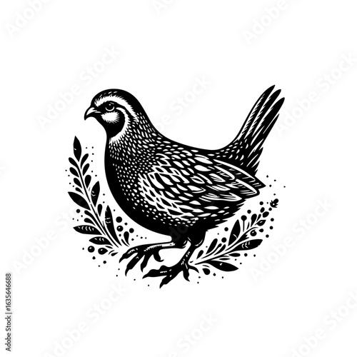 Detailed quail illustration isolated on white background, surrounded by foliage