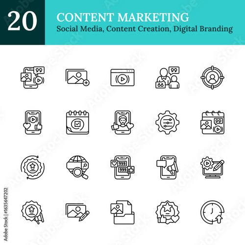 Content Marketing Outline Icon Sheet Vector Design - representing social media engagement, content creation, digital branding strategies, media, calendars, analytics, and editing