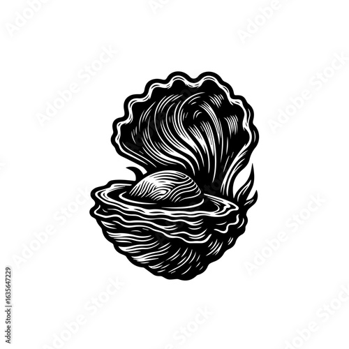 Vintage illustration of an open oyster shell with a pearl isolated on white background