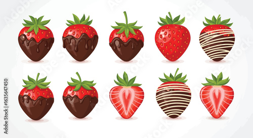 Vector art of collection of fresh strawberries, some dipped in dark chocolate and others with white chocolate drizzle, isolated on white background