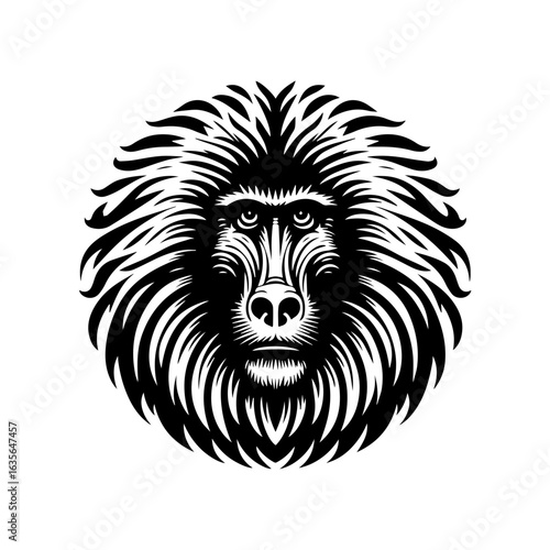 Detailed baboon head isolated on white background, a striking primate portrait