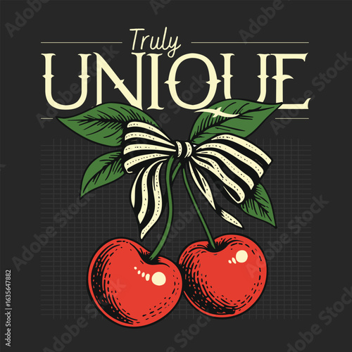 Cherries with red ribbon bow, food fashion slogan print, fashion graphic prints for cherries fruit. cherry cool slogan print for tee. funny cute t-shirt pattern.