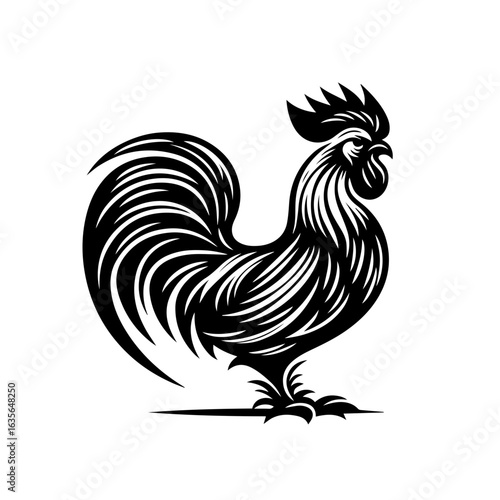 A rooster with detailed feathers isolated on white background is showcased