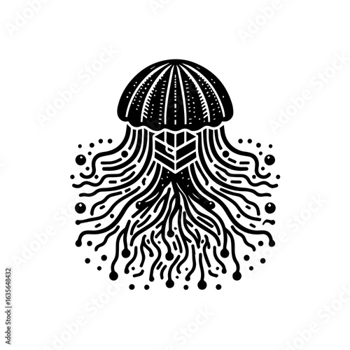 Illustration of a jellyfish with long tentacles isolated on white background