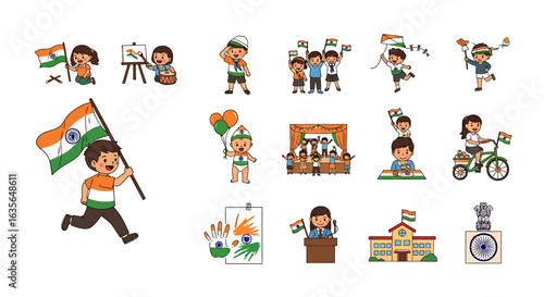 Wallpaper Mural Vector Icons Set of Patriotic Fervor Diverse Cartoon Set of Indian Children Celebrating with Flags. Vector Illustrations. EPS Editable Torontodigital.ca