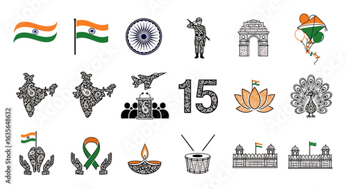 Vector Icons Set of Patriotic India Icon Set Stylized National Symbols with Paisley Pattern. Vector Illustrations. EPS Editable