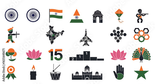 Vector Icons Set of Patriotic Indian Icon Collection Modern Symbols for Independence Day Celebration. Vector Illustrations. EPS Editable