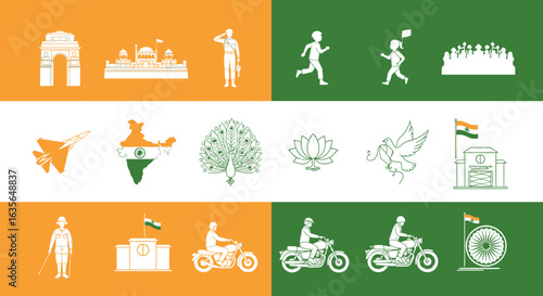 Vector Icons Set of Tricolor Tribute A Graphic Montage of Indias Landmarks Culture and Pride. Vector Illustrations. EPS Editable