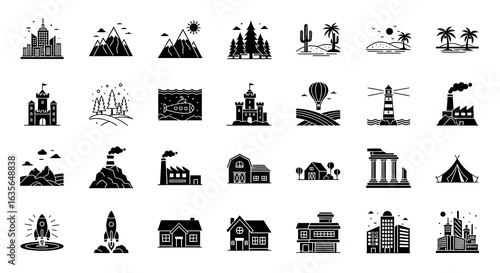 Vector Icons Set of Versatile Black Glyph Icon Set Cityscapes Nature Travel and Architecture. Vector Illustrations. EPS Editable