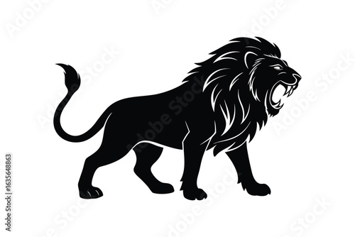 Black silhouette art illustration of a roaring lion in a side profile stance.eps