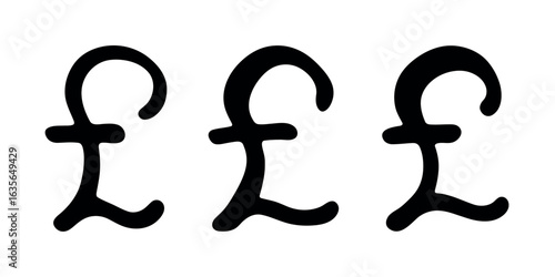 Set of hand drawn british pound currency symbol. Brush stroke doodle. Single element for design