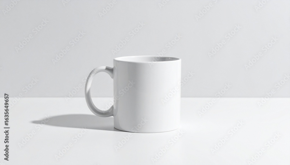 Obraz premium A plain white ceramic mug casting a soft shadow—symbolizing simplicity, warmth, and everyday ritual.