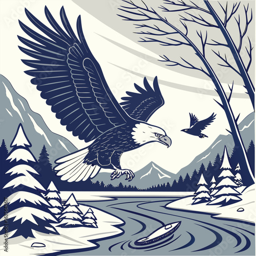 Eagle soaring over a river with a boat, trees, mountains, and another bird in a wintery landscape
