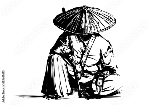 Pensive Samurai in Straw Hat – Japanese Ink Painting